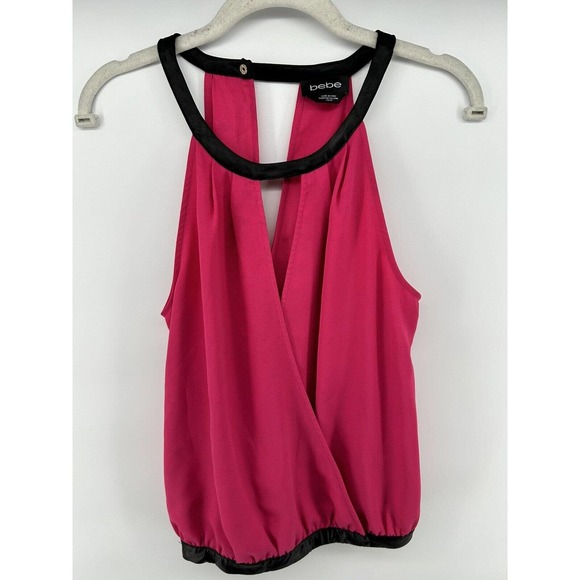 Bebe Top Womens Sz XS Pink/Black Halter Sleeveless Surplice Keyhole - Picture 1 of 4